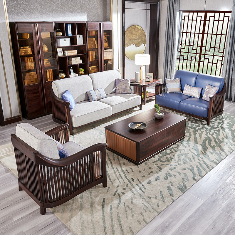 蓝鸟家具新中式沙发别墅客厅现代轻奢真皮布艺全实木123沙发pty